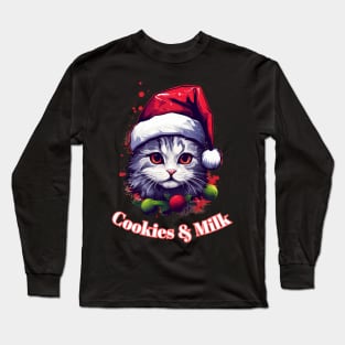 Cookies & Milk - Christmas Cat - Winter Holiday Long Sleeve T-Shirt